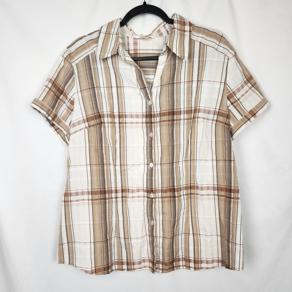 Alia Women's Button Down Blouse Collared V-Neck Short Sleeves Brown White Sz 18‎